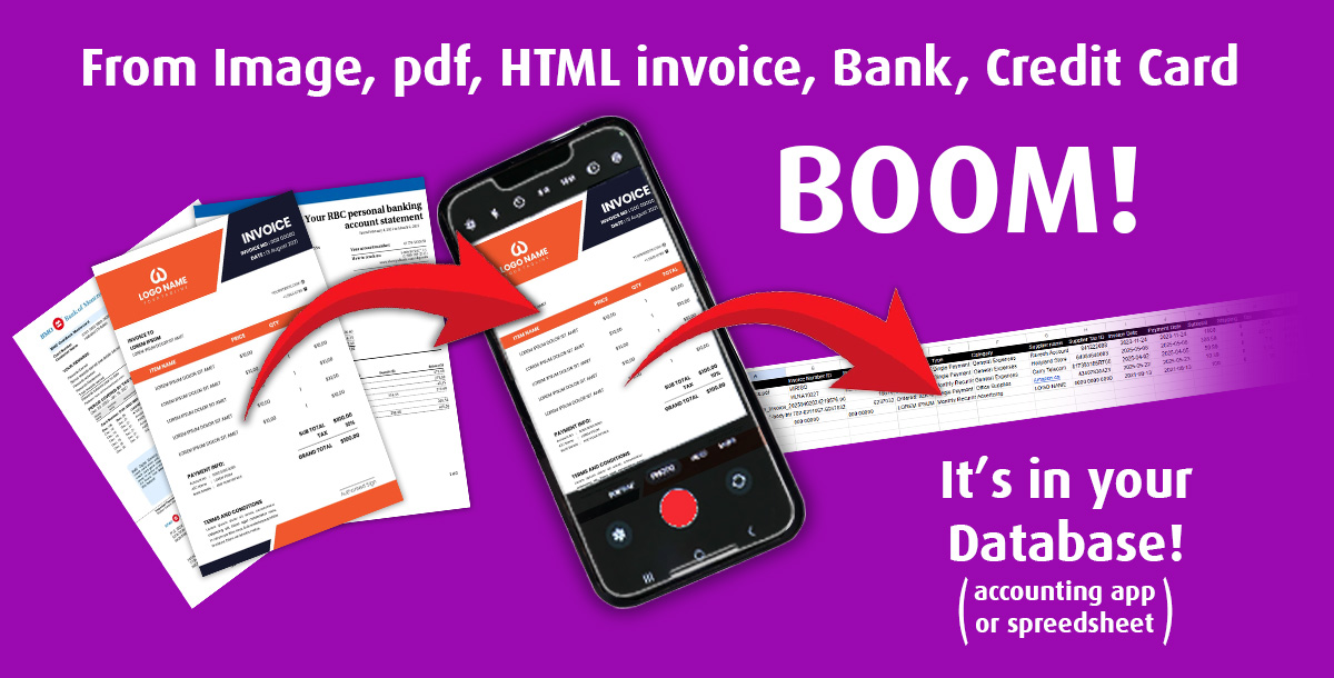 ai: from invoice, receipt bill, bank and credit card statement take a photo or file, boom! it is in Database